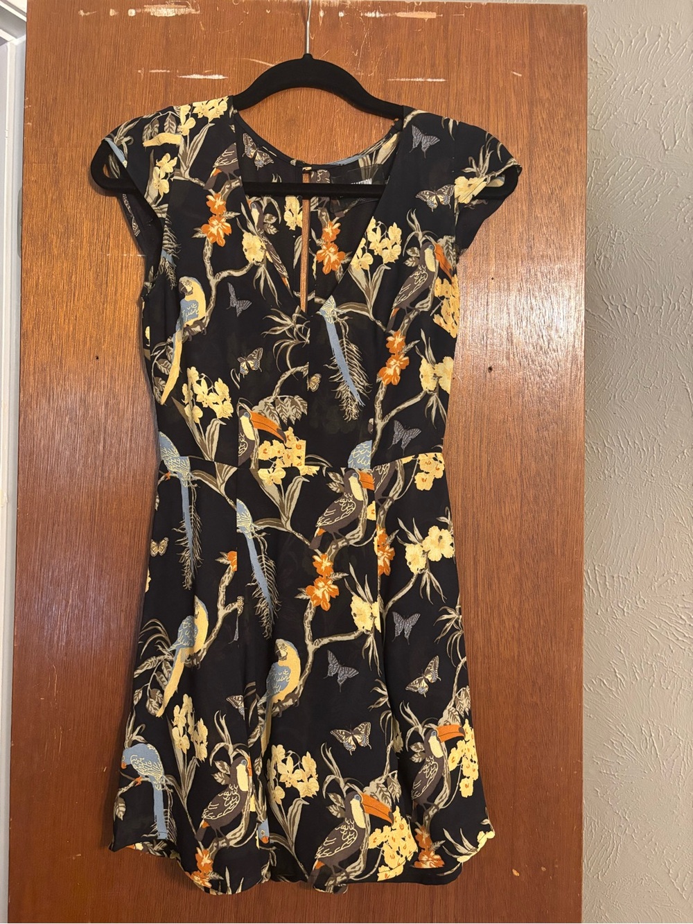 Reformation Black Mini Dress with Yellow and Orange Floral & Bird Print